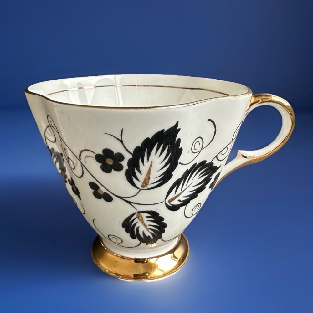 Clarence Bone China Single Teacup Black & Gold Leaves Made in England 1950’s EUC
